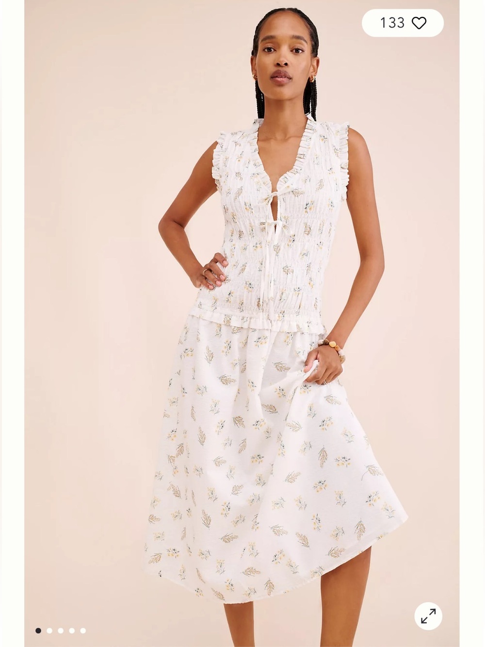 NWT Rails White Floral Print Dion Dress Smocked Ruffle Bodice Midi Sz XL
